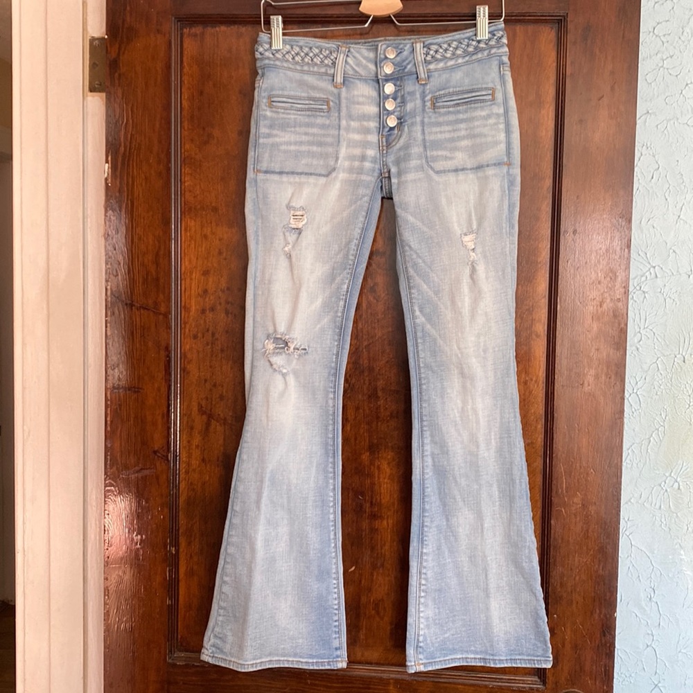 American Eagle Super Stretch Artist Jeans Braided Waist Detail Button Fly